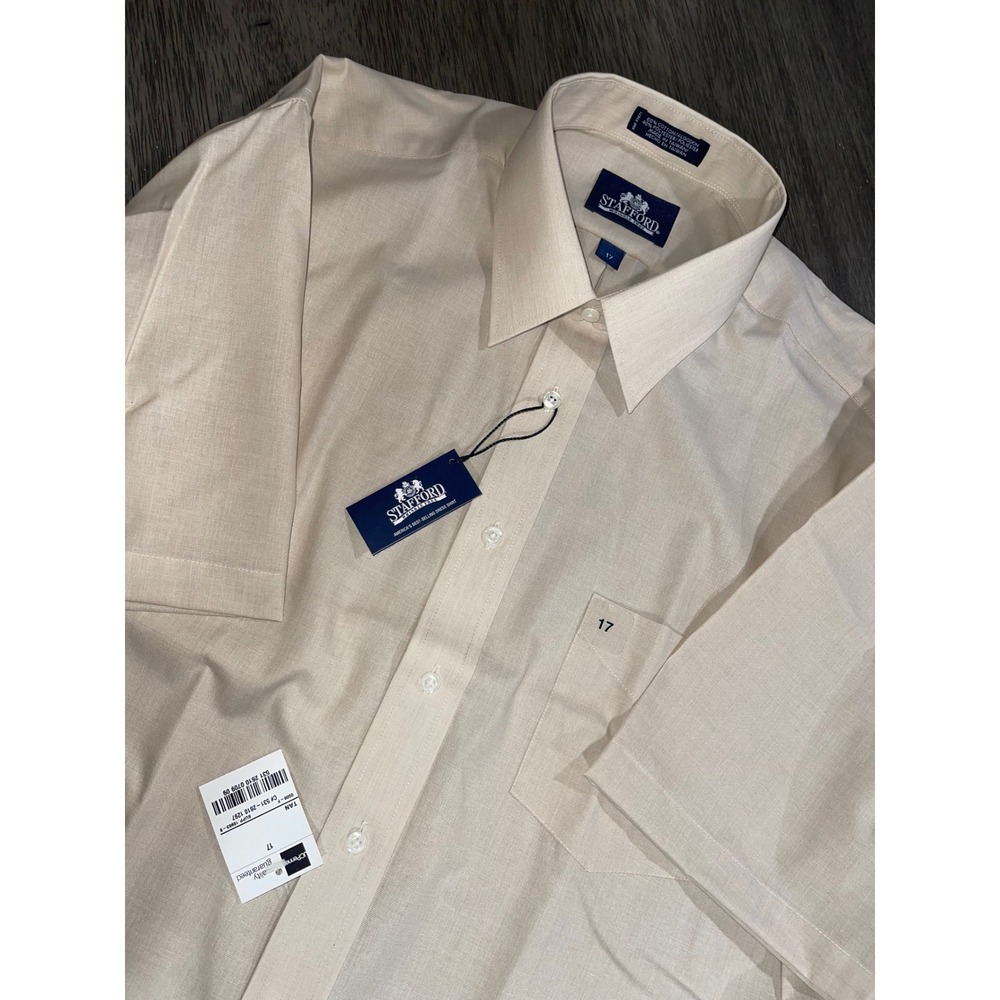 Stafford Mens 17 Tan Short Sleeve Button Down Dress Shirt Wrinkle Free NWT